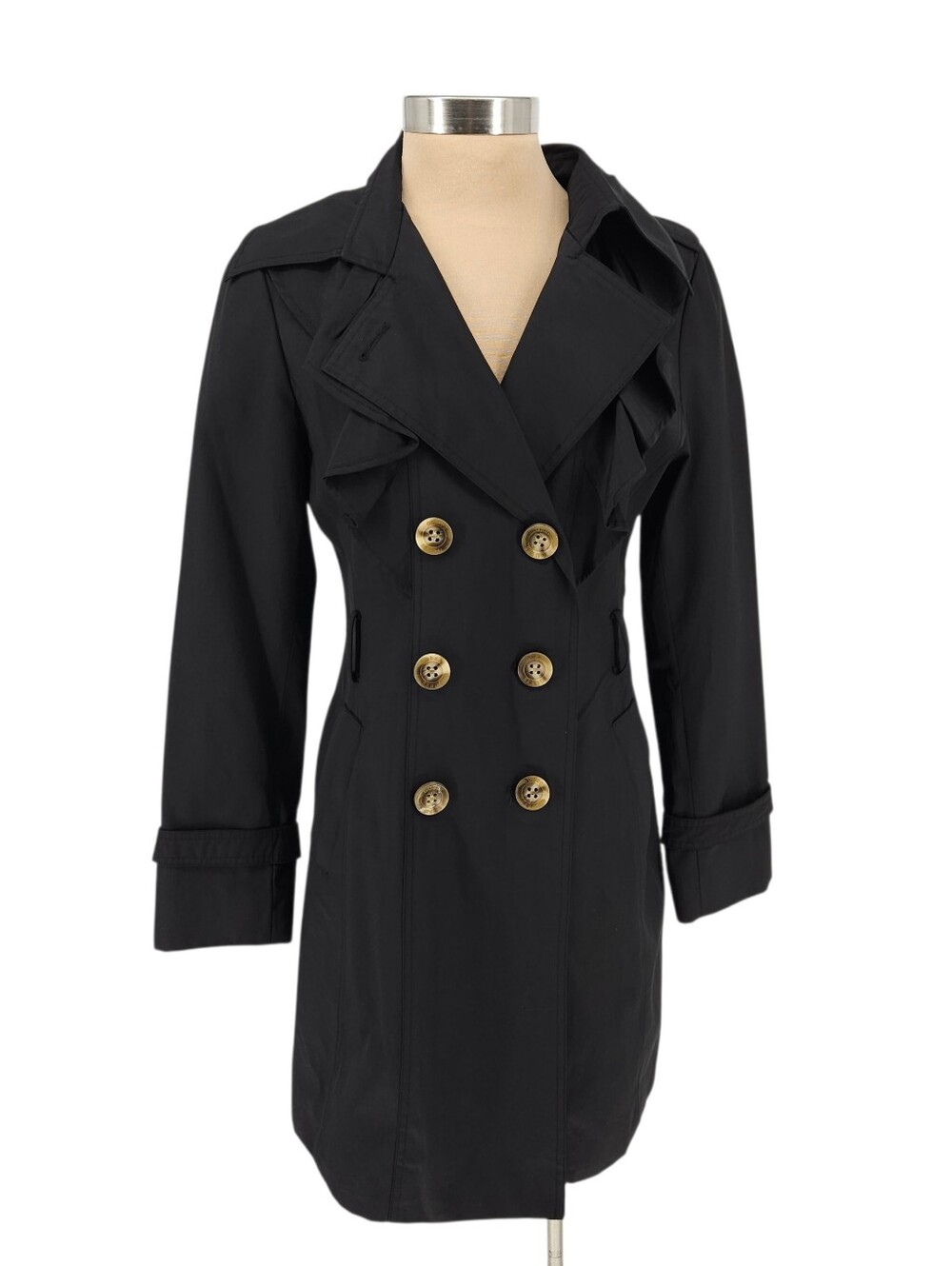 GUESS Trench Coat Black Long Sleeve Ruffle Collar Button Up Jacket Medium